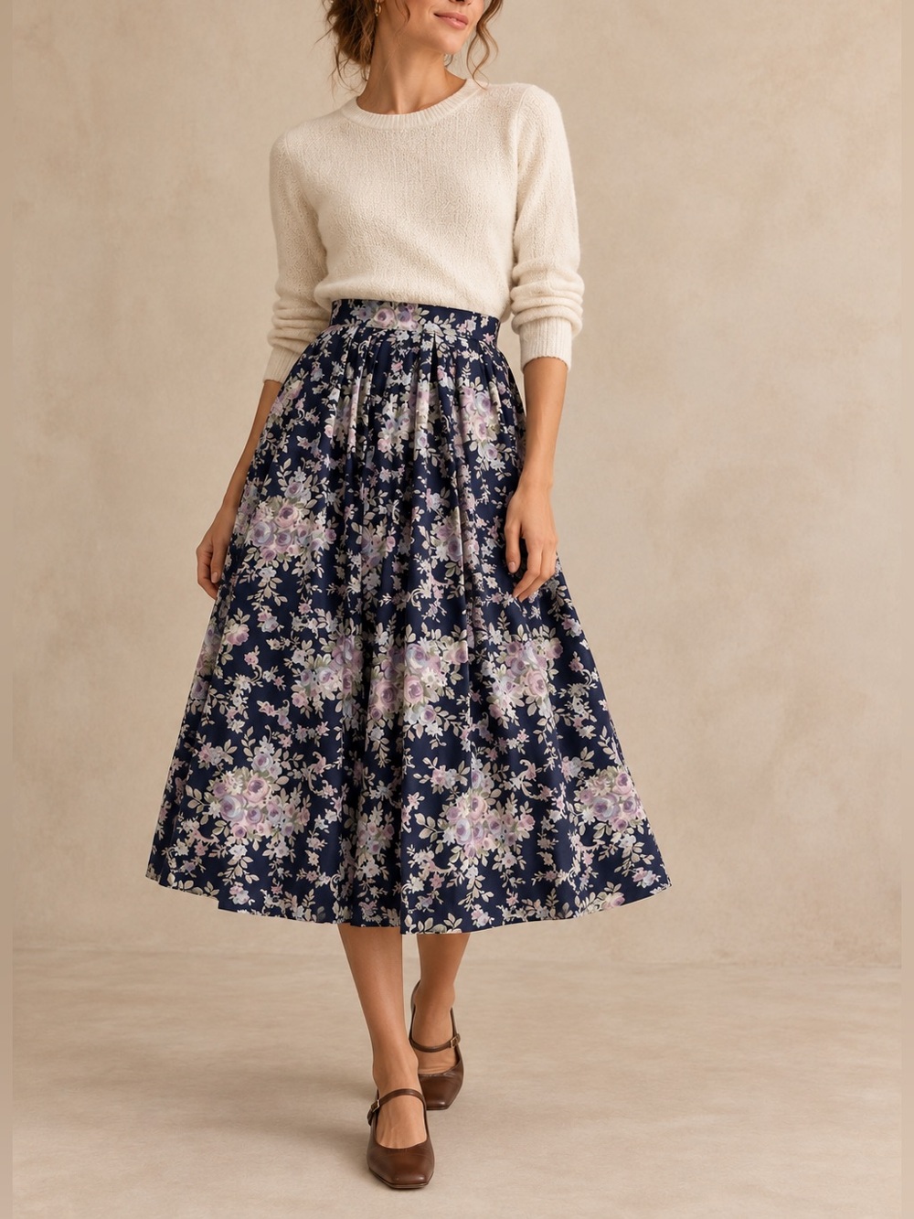 Laura Ashley Vintage Wool Floral Pleated Midi Skirt Navy Purple 10 Cottagecore